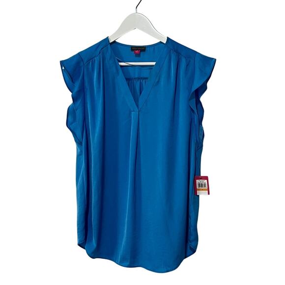 VINCE CAMUTO TOP WOMENS SIZE SMALL V NECK RUFFLE SLEEVE POPOVER BLOUSE BLUE NEW - Picture 1 of 9